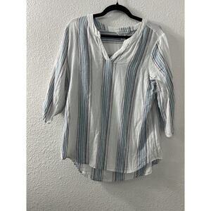 CHRISTOPHER BANKS Womens Sz L Linen Blend Top White‎ Stripe Metalic Thread